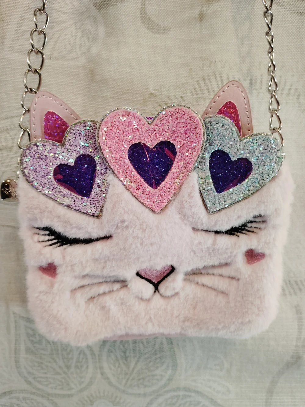 Kids Plush Pink Cat Crossbody Bag with Glitter Hearts